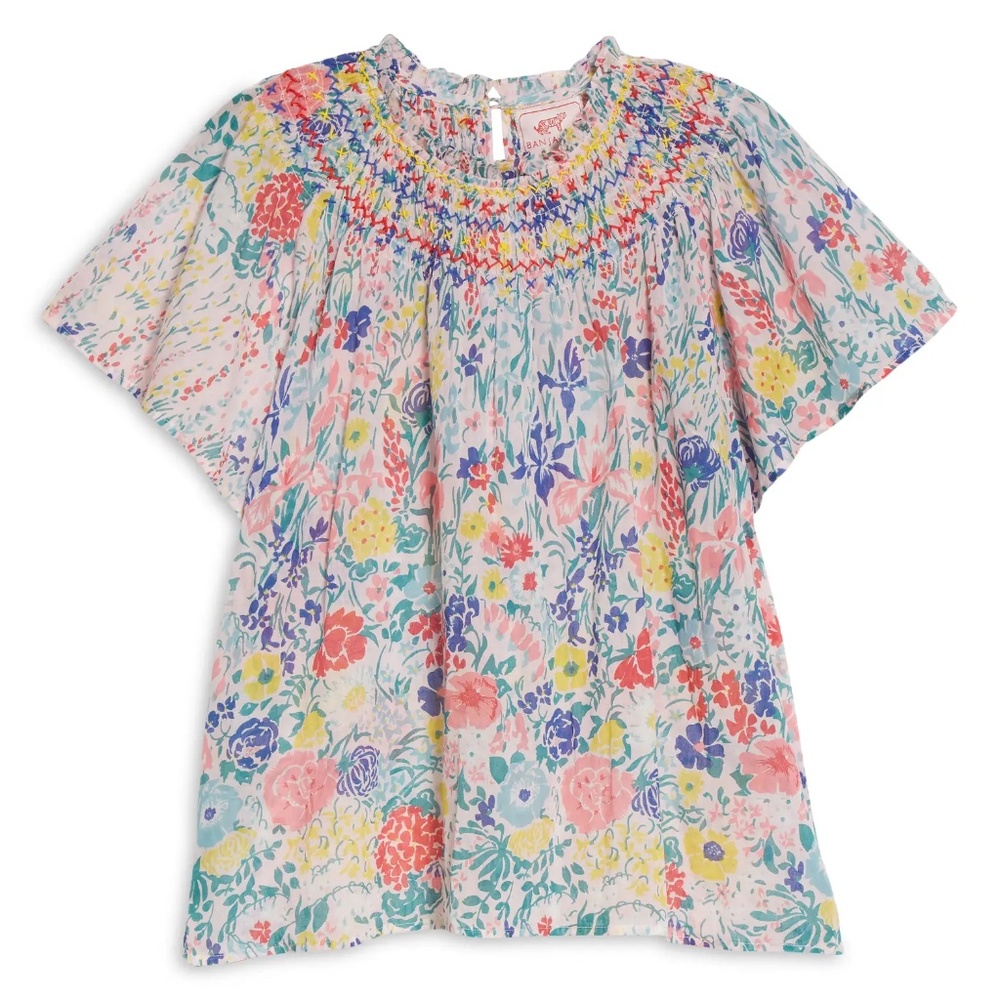 Banjanan Anthropologie floral Sofia top flutter sleeve smocked yoke button back - Picture 3 of 13
